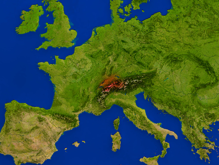 Top-down view of Switzerland hightlighted in red as seen from Earth's orbit in space. 3D illustration with highly detailed realistic planet surface. Elements of this image furnished by NASA.の写真素材