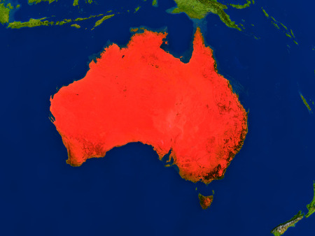 Top-down view of Australia hightlighted in red as seen from Earth's orbit in space. 3D illustration with highly detailed realistic planet surface.の写真素材