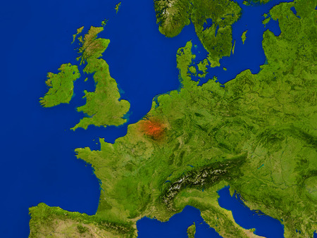 Top-down view of Belgium hightlighted in red as seen from Earth's orbit in space. 3D illustration with highly detailed realistic planet surface.の写真素材