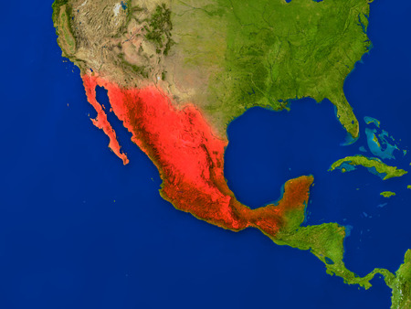 Top-down view of Mexico hightlighted in red as seen from Earth's orbit in space. 3D illustration with highly detailed realistic planet surface.の写真素材