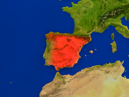 Top-down view of Spain hightlighted in red as seen from Earth's orbit in space. 3D illustration with highly detailed realistic planet surface.の写真素材