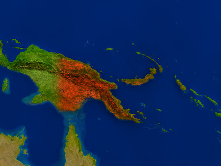 Top-down view of Papua New Guinea hightlighted in red as seen from Earth's orbit in space. 3D illustration with highly detailed realistic planet surface.の写真素材