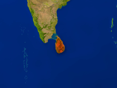 Top-down view of Sri Lanka hightlighted in red as seen from Earth's orbit in space. 3D illustration with highly detailed realistic planet surface.の写真素材