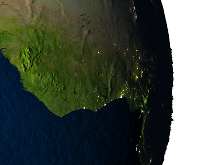 Dusk over Ghana highlighted in red with city lights as seen from Earth's orbit in space. 3D illustration with highly detailed realistic planet surface.の写真素材