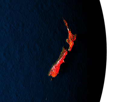 Dusk over New Zealand highlighted in red with city lights as seen from Earth's orbit in space. 3D illustration with highly detailed realistic planet surface.の写真素材