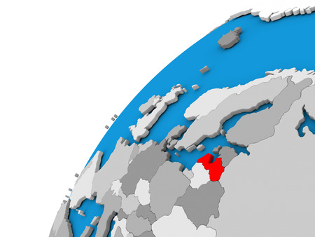 Latvia highlighted in red on globe with visible country borders. 3D illustrationの写真素材