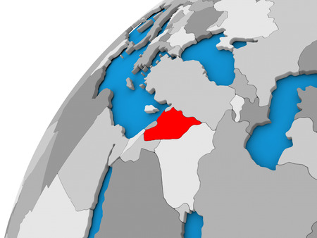 Syria highlighted in red on globe with visible country borders. 3D illustrationの写真素材