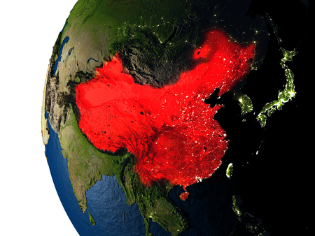 China highlighted in red on Earth as seen from Earth's orbit in space during sunset. 3D illustration with highly detailed realistic planet surface.の写真素材