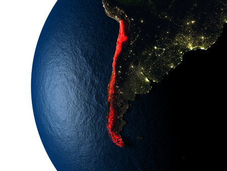 Chile highlighted in red on Earth as seen from Earth's orbit in space during sunset. 3D illustration with highly detailed realistic planet surface.の写真素材