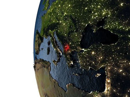 Macedonia highlighted in red on Earth as seen from Earth's orbit in space during sunset. 3D illustration with highly detailed realistic planet surface.の写真素材