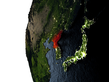 North Korea highlighted in red on Earth as seen from Earth's orbit in space during sunset. 3D illustration with highly detailed realistic planet surface.の写真素材