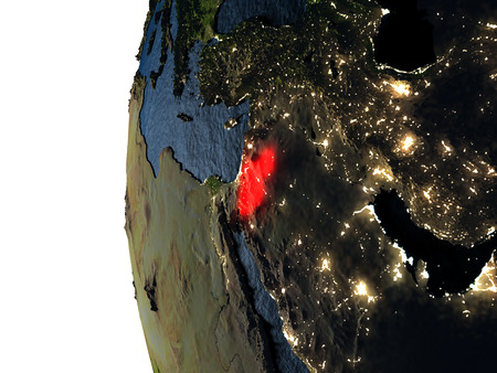 Jordan highlighted in red on Earth as seen from Earth's orbit in space during sunset. 3D illustration with highly detailed realistic planet surface.の写真素材