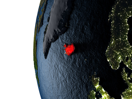 Iceland highlighted in red on Earth as seen from Earth's orbit in space during sunset. 3D illustration with highly detailed realistic planet surface.の写真素材