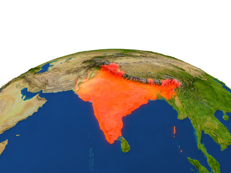 India from Earth's orbit in space highlighted in red color. 3D illustration with highly detailed realistic planet surface. Elements of this image furnished by NASA.の写真素材