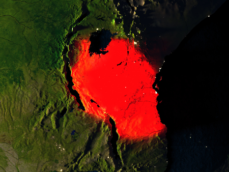 Tanzania in red at night as seen from Earth's orbit in space. 3D illustration with highly detailed realistic planet surface. Elements of this image furnished by NASA.の写真素材