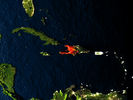 Haiti in red at night as seen from Earth's orbit in space. 3D illustration with highly detailed realistic planet surface. Elements of this image furnished by NASA.の写真素材