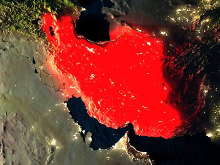 Iran in red at night as seen from Earth's orbit in space. 3D illustration with highly detailed realistic planet surface. Elements of this image furnished by NASA.の写真素材