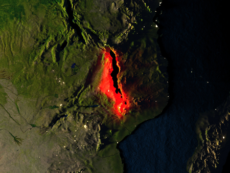 Malawi in red at night as seen from Earth's orbit in space. 3D illustration with highly detailed realistic planet surface. Elements of this image furnished by NASA.の写真素材