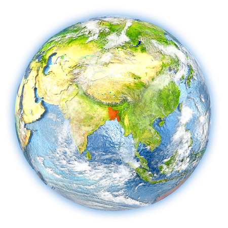 Bangladesh highlighted in red on planet Earth. 3D illustration isolated on white background.の写真素材