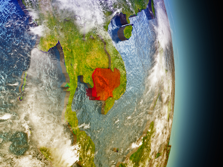 Model of Cambodia from Earth's orbit in space. 3D illustration with highly detailed realistic planet surface and clouds in the atmosphere.の写真素材