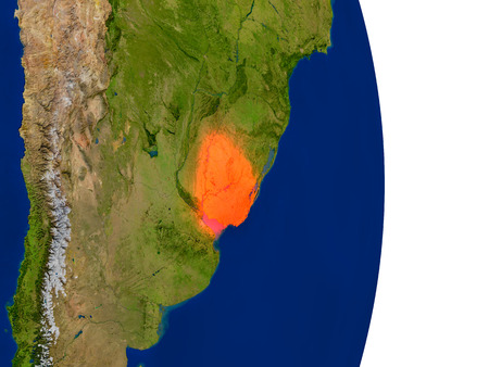 Map of Uruguay in red on planet Earth. 3D illustration with detailed planet surface.の写真素材