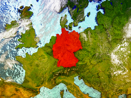 Germany highlighted in red on illustrated globe with realistic ocean waters and clouds as seen from Earth's orbit in space. 3D illustration with high level of detail.の写真素材