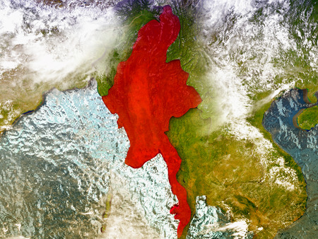 Myanmar highlighted in red on illustrated globe with realistic ocean waters and clouds as seen from Earth's orbit in space. 3D illustration with high level of detail.の写真素材