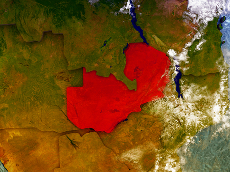 Zambia highlighted in red on illustrated globe with realistic ocean waters and clouds as seen from Earth's orbit in space. 3D illustration with high level of detail.の写真素材