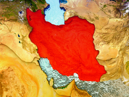 Iran highlighted in red on illustrated globe with realistic ocean waters and clouds as seen from Earth's orbit in space. 3D illustration with high level of detail. Elements of this image furnished by NASA.の写真素材