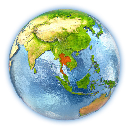 Thailand highlighted in red on 3D globe with detailed planet surface and blue watery oceans. 3D illustration isolated on white background.の写真素材
