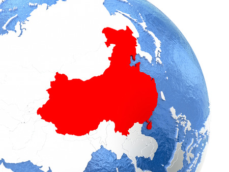 China highlighted in red on elegant silver globe with blue watery oceans. 3D illustrationの写真素材