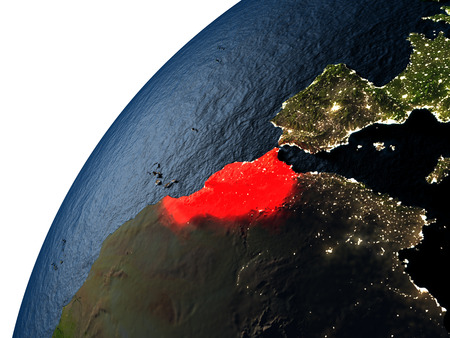 Morocco highlighted in red on planet Earth with visible city lights. 3D illutration with detailed planet surface.の写真素材