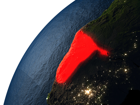 Namibia highlighted in red on planet Earth with visible city lights. 3D illutration with detailed planet surface.の写真素材