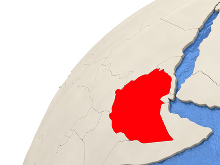 Map of Ethiopia on simple political globe with watery blue oceans. 3D illustrationの写真素材