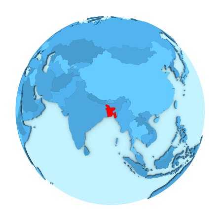 Bangladesh in red on simple political globe with clearly visible country borders. 3D illustration isolated on white background.の写真素材