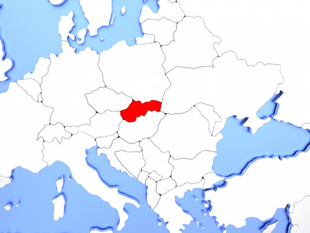 Map of Slovakia highlighted in red on simple shiny metallic map with clear country borders. 3D illustrationの写真素材
