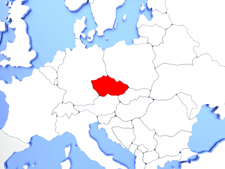 Map of Czech republic highlighted in red on simple shiny metallic map with clear country borders. 3D illustrationの写真素材