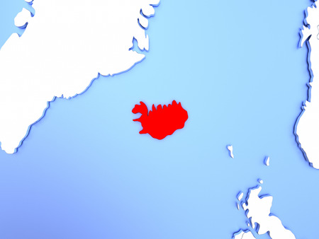 Map of Iceland highlighted in red on simple shiny metallic map with clear country borders. 3D illustrationの写真素材