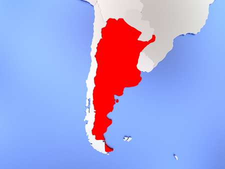 Map of Argentina highlighted in red on simple shiny metallic map with clear country borders. 3D illustrationの写真素材