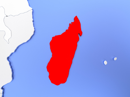 Map of Madagascar highlighted in red on simple shiny metallic map with clear country borders. 3D illustrationの写真素材
