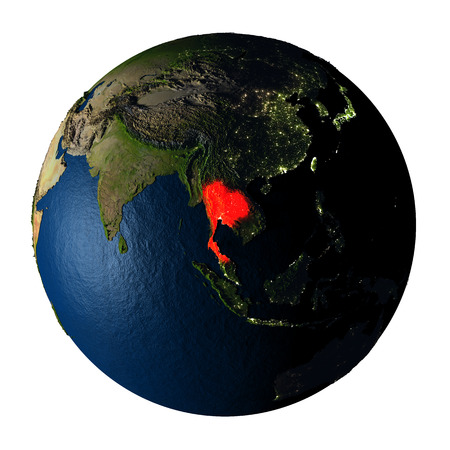 Thailand highlighted red on highly detailed model of planet Earth with visible city lights, plastic oceans and mountain ranges. 3D illustration isolated on white background.の写真素材