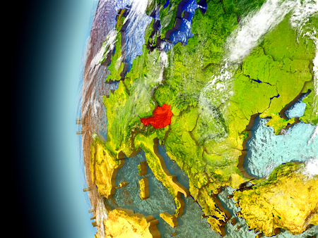 Austria on model of Earth with watery oceans and realistic clouds in the atmosphere. 3D illustration with detailed planet surface.の写真素材