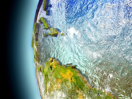Caribbean on model of Earth with watery oceans and realistic clouds in the atmosphere. 3D illustration with detailed planet surface.の写真素材
