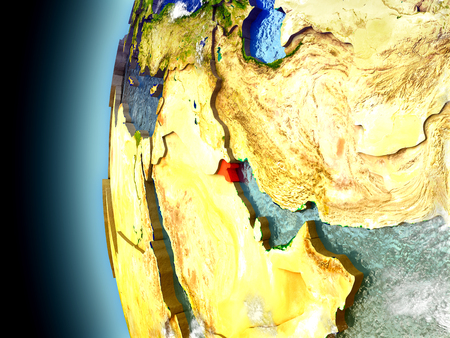 Kuwait on model of Earth with watery oceans and realistic clouds in the atmosphere. 3D illustration with detailed planet surface.の写真素材