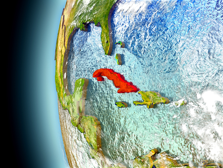 Cuba on model of Earth with watery oceans and realistic clouds in the atmosphere. 3D illustration with detailed planet surface.の写真素材