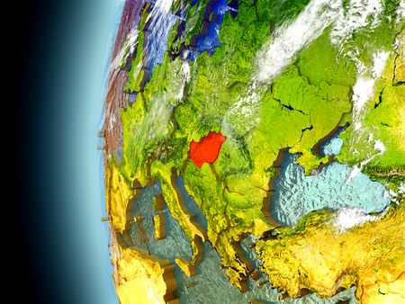 Hungary on model of Earth with watery oceans and realistic clouds in the atmosphere. 3D illustration with detailed planet surface.の写真素材