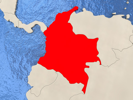Colombia in red on political map with watery oceans. 3D illustrationの写真素材