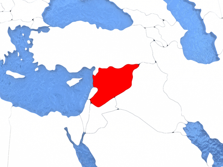 Political map Syria in red. 3D illustration with watery blue oceans and metallic landmasses.の写真素材