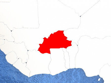 Political map Burkina Faso in red. 3D illustration with watery blue oceans and metallic landmasses.の写真素材
