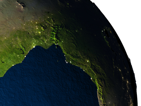 Gabon highlighted in red on model of planet Earth with very detailed land surface and visible city lights. 3D illustration.の写真素材